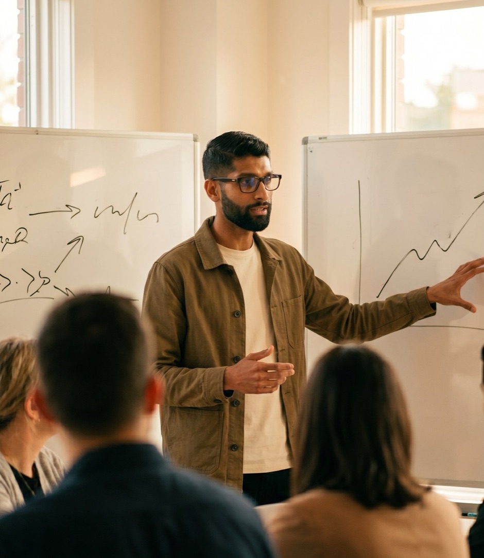 Amit Shah, founder and instructor of The Long Run, teaching at the whiteboard